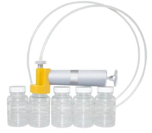 Oil sampling kit: hand vacuum pump with a yellow bottle adapter, coiled clear tubing and five sample bottles