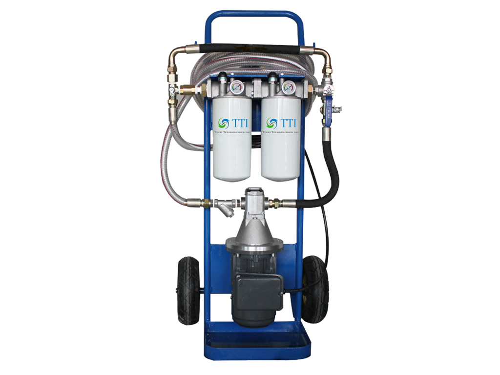 Portable oil filter cart with a pump, two filter housings, gauges and hoses