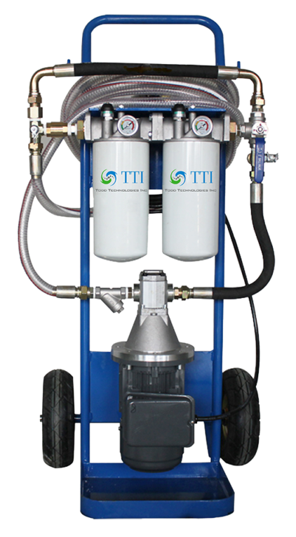 TTI portable filter cart on a blue two-wheel trolley, with two white spin-on filters marked TTI, a gauge on each filter head, a Y-strainer before the pump, an electric motor and coiled hoses.