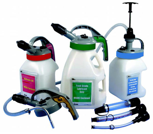 Colour-coded oil transfer containers, lids, hand pumps and dispensing hoses